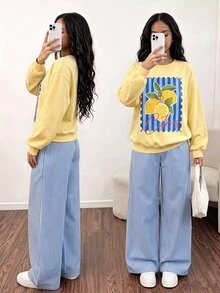 Sparklyn 女童休閒兩件套，紐約字母印花立領運動衫與短褲，保暖校園穿搭，適合日常穿著、上學、通勤、外出、散步、購物、旅行，可搭配夾克、背心、鋪棉外套 - 黃色 - 查看 1