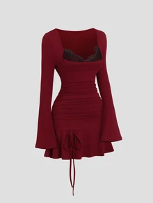 Sweetra Women's Deep Red Flared Long Sleeve Lace Trim Patchwork Fitted Mini Dress, Suitable For Commute, Party And Holiday - Burgundy - View 3