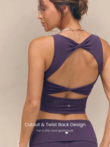 GLOWMODE FeatherFit™ Active Ambition Buttery-Soft Square Neck Twisted Open Back Removable Cups Crop Active Tank Top Low Impact Yoga Pilates Studio Daily Wear - Purple - View 3