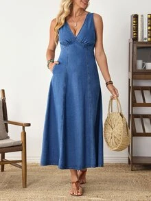 EMERY ROSE Women's Deep V-Neck Pocket Elegant Sleeveless Denim Dress - Blue - View 9