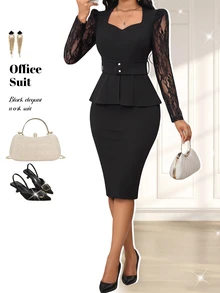 Fleurora Women's Solid Color Sweetheart Neckline Contrast Lace Long Sleeve Top And Pencil Skirt Elegant 2 Pieces Set Dinner Office Black Autumn Formal Wear - Black - View 7