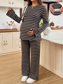 SHEIN 孕婦條紋側開衩上衣與長褲兩件套 - 巧克力棕 - 查看 3