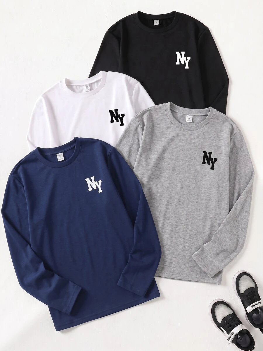 Vacaura 4件組男士青少年長袖T恤套裝,休閒簡約「NY」字母刺繡圓領套頭基本款T恤,秋季套頭衫 - 彩色 - 查看 1