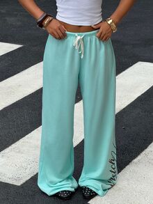 Muchica Women's Drawstring Waist Wide Leg Loose Casual Sweatpants - Mint Blue - View 5