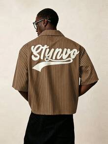 STYNVO 男士休閒條紋字母刺繡襯衫，夏季 - 卡其色 - 查看 1