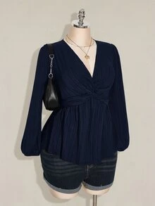 SHEIN ICON 女款大尺碼黑色紋理前打結燈籠袖上衣 - 藏蓝色 - 查看 8