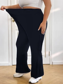 SHEIN CURVE+ 大尺碼女款高腰彈性休閒喇叭長褲，春秋涼爽喇叭長褲 - 藍色 - 查看 5
