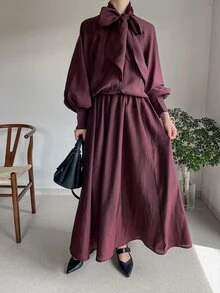 DAZY Women's Solid Color Collar Long Sleeve Shirt And Skirt Elegant 2 Pieces Set - Burgundy - View 2