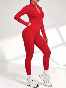 SHEIN Core Rhythm Women's Casual Zip-Up Half-Placket Long Sleeve Sports Jumpsuit - Red - View 7