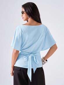 LYSMO Women's Casual Comfortable Wide Collar Light Blue Ruched Waist Mid-Length Sleeve Top - Baby Blue - View 2