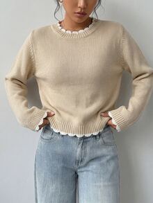 SHEIN LUNE 卡其色拼色蕾絲領寬鬆版套頭毛衣，秋冬款 - 卡其色 - 查看 6