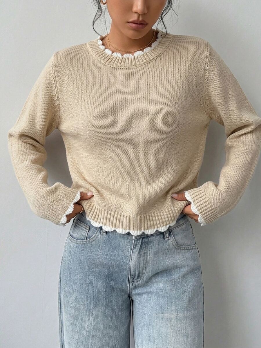 SHEIN LUNE Khaki Colorblock Lace Collar Loose Fit Pullover Sweater, Autumn/Winter - Khaki - View 1