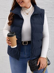 SHEIN LUNE 大尺碼冬季休閒百搭無袖外套 - 藏蓝色 - 查看 1