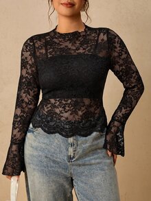 Travachic Plus Size Women Lace Sexy Sheer Long Sleeve Top Fall - Black - View 7