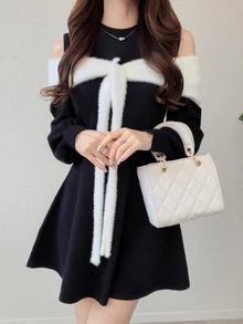 FRIFUL Gaun Rajut Elegan Lengan Panjang Model Colorblock untuk Wanita, Cocok untuk Musim Gugur. - Hitam - View 4