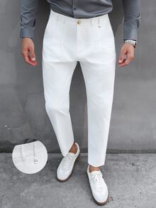 Manfinity Mode Men's Plus Size Solid Color Pleated Dress Pants, Versatile Casual Long Trousers, Double Pleated Design, Perfect Gift For Boyfriend Or Husband, Suitable For Daily Commute And Versatile Wear - White - View 1