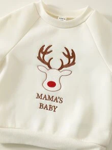 SHEIN Baby Boy Letter Pattern Knitted Soft Crew Neck Long Sleeve Pullover Sweatshirt - Khaki - View 3