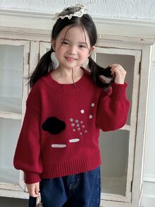 Dazy Kids 女童對比色圓領落肩長袖休閒針織衫 - 紅色 - 查看 4