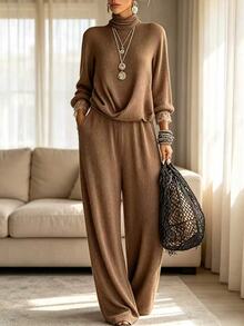 Holdful Holdful Women's Solid Color Long Sleeve Top And Pants Casual Daily 2 Pieces Set - Brown - View 11