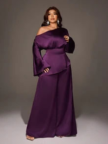 Viva Relle Plus Size Women Solid Color Asymmetric Shoulder Top And Skirt Fashion Set - Purple - View 4