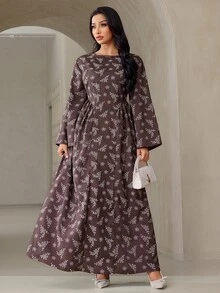 Veilorie Women's French Style Ruched Waist Jacquard Long Sleeve Dress - Coffee Brown - View 5