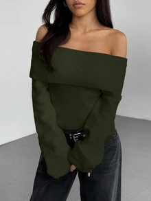 SHEIN Clasi 翻領單字領素色套頭毛衣 - 軍綠色 - 查看 4