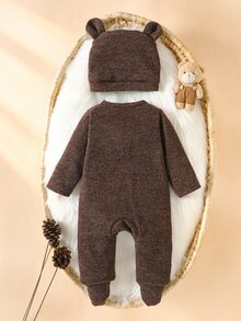 SHEIN 新款灰色可愛大象刺繡長袖連身衣，適合男嬰與女嬰 - 棕色 - 查看 2