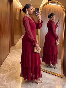 SHEIN Lady 大尺碼優雅時尚百褶網紗洋裝，適合晚宴、正式晚餐、婚禮，酒紅色，秋季款 - 酒紅色 - 查看 4