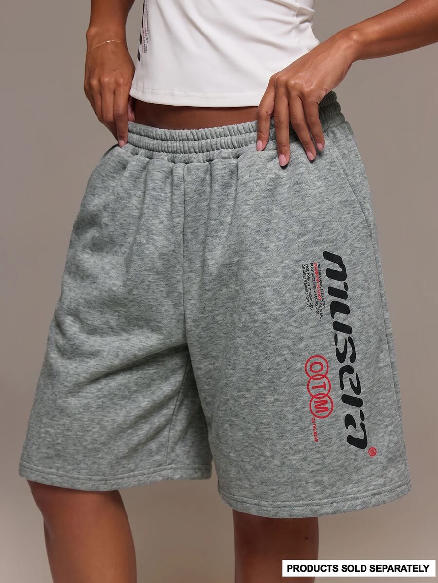 MUSERA 圖案印花鬆緊抽繩腰寬鬆版型短版大尺寸慢跑運動短褲 Jorts 套裝下身單件 可愛日常穿搭 L - 淺灰色 - 查看 1