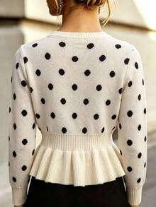 Pariaura Women's Autumn/Winter Polka Dot Pattern Ruffle Hem Knit Cardigan - Apricot - View 3