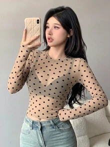 DAZY 女款透視蕾絲圓領修身套頭T恤上衣 - 咖啡棕 - 查看 3