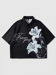 ROMWE MEN Street Life 夏季花園寬鬆短袖襯衫，黑色花卉印花，街頭休閒襯衫 - 黑色 - 查看 6