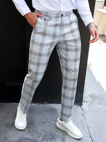 Manfinity Mode Men's Plus Size Plaid Suit Pants, Slim Straight Leg Casual Trousers, Business Office Commute Drape Versatile Autumn Long Pants, Blue Checkered, Formal, Old Money - Light Grey - View 8