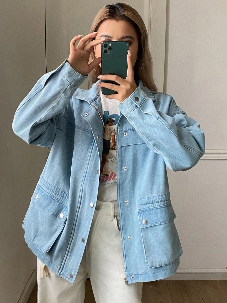 DAZY Light Blue Lapel Single-Breasted Snap Button Large Pocket Loose Long Sleeve Casual Daily Denim Jacket Fall - Blue - View 1