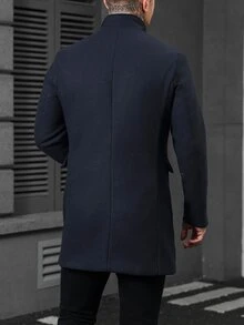Manfinity CasualCool 男士海軍藍羊毛翻領大衣，商務百搭中長款外套夾克，秋冬款 - 藏蓝色 - 查看 2