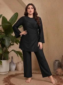 SHEIN Swim Plus Size Women 2-Piece Solid Color Long Sleeve Loose Tie Waist Slimming Belly Cover Burkini Swimsuit Set Long Pants Middle Eastern Sun Protection - Black - View 3