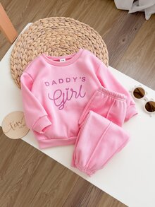 SHEIN 女嬰針織秋冬字母圖案長袖衛衣與鬆緊腰長褲2件套 - 淺粉色 - 查看 3