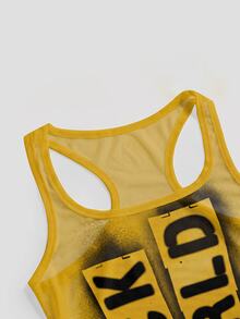 ROMWE Grunge Punk Vintage Sexy Street Slogan Yellow Sheer Mesh Tank Top For Women - Yellow - View 3
