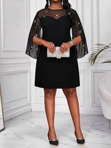 SHEIN Lady CURVE Plus Size Women's Patchwork Rhinestone Mesh 3/4 Sleeve Elegant Dress - Black - View 3