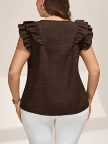 Comfylo Plus Size Summer Casual Lace Patchwork Flutter Sleeve Blouse - Brown - View 2
