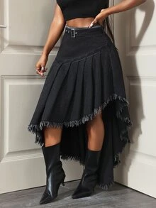Slaydiva Women's Frayed Hem Casual Daily Denim Skirt - Black - View 3