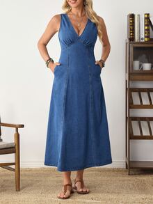 EMERY ROSE Women's Deep V-Neck Pocket Elegant Sleeveless Denim Dress - Blue - View 6