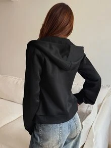 DAZY 黑色字母印花連帽拉鍊長袖休閒街頭風抽繩運動外套 秋季 - 黑色 - 查看 2