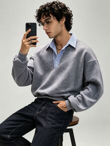 TONEVAULT Men's Striped Patchwork Button Half-Placket Long Sleeve Sweatshirt - Grey - View 1