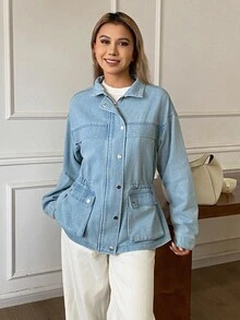 DAZY Light Blue Lapel Single-Breasted Snap Button Large Pocket Loose Long Sleeve Casual Daily Denim Jacket Fall - Blue - View 6