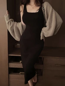 DAZY Solid Color Loose Long Sleeve Cardigan & Fitted Long Tank Dress Elegant Vacation Autumn/Winter Sweater 2 Pieces Set For Women - Black - View 2