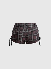 ROMWE Grunge Punk Red Plaid Print Punk Rivet Decor Sexy Women's Denim Printed Shorts - Red - View 2