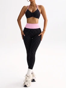 Slayform Women's Polka Dot Print Backless Halter Top & Leggings Sports Set - Black - View 3