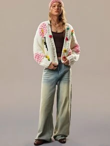SoleilVie Women's Sweet Delicate 3D Embroidered Knit Cardigan - Beige - View 6