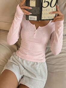 CovetEZ 女款條紋休閒長袖T恤，適合日常穿著 - 粉色 - 查看 6